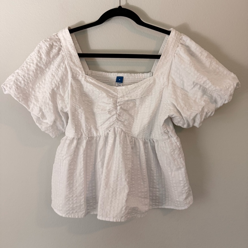 Old Navy White Puff Sleeve Babydoll Crop Textured Blouse